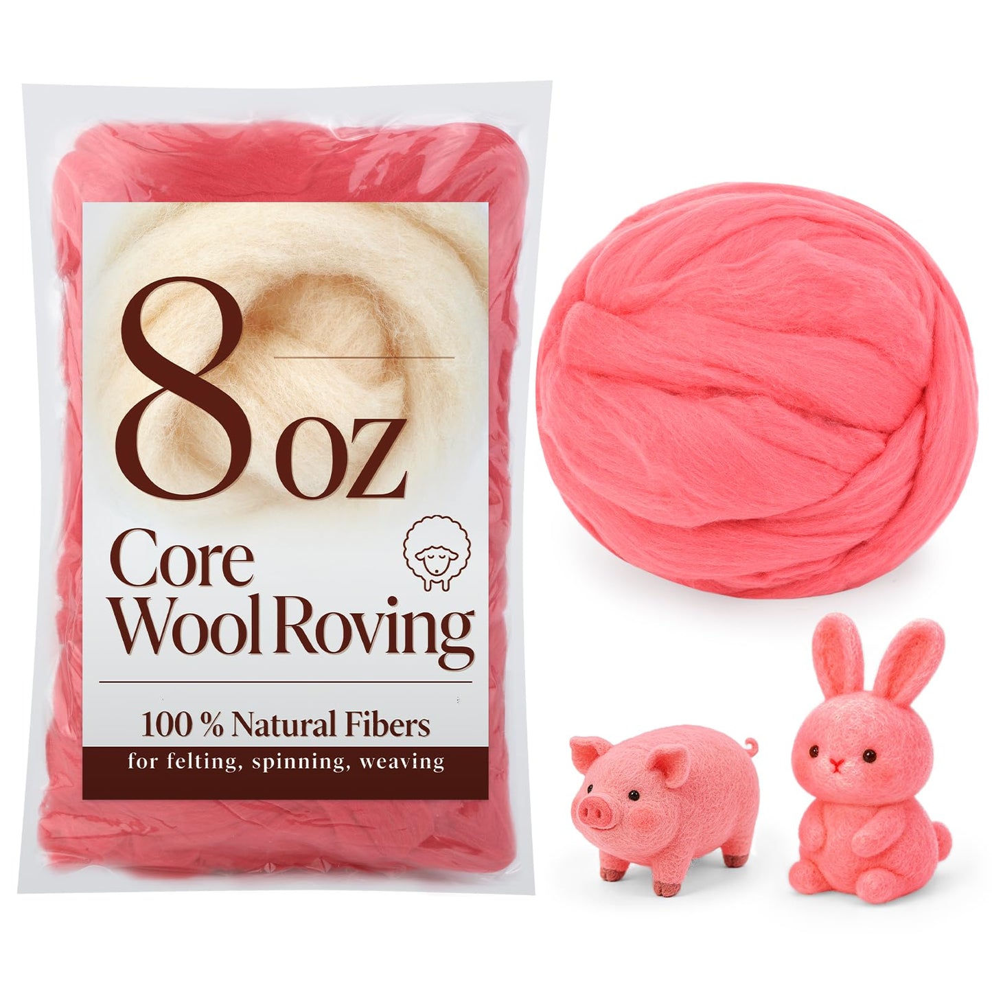 8 OZ Premium Merino Wool Roving, Soft Needle Felting Core Wool, Carded Felting Wool for Sculpting, Wool Dryer Balls & DIY Spinning, Ideal Felting Supplies for Beginners, Pink