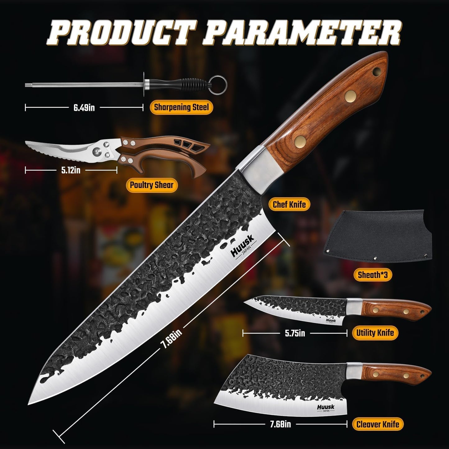 Huusk Chef Knife Set 5Pcs - Hand Forged Meat Cleaver & Chef Viking Knife & Utility Knives, Kitchen Knives Set with Bag for Cooking, Outdoor Camping, BBQ, Christmas Gifts for Men