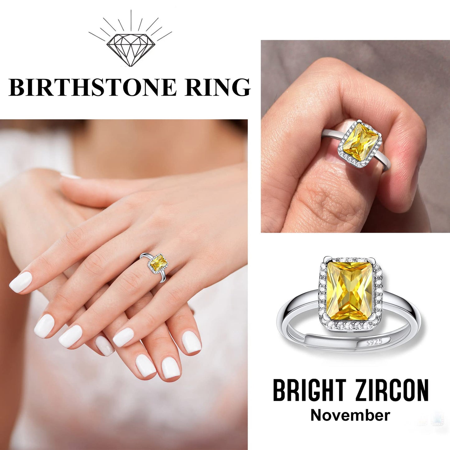 Bestyle S925 Sterling Silver Square Crytsal Rings, Dainty November Critine Crystals Birthstone Rings, Anniversary/Mother’s Day/Birthday Jewelry Gifts for Women Mom/Wife/Sister/Best Friend