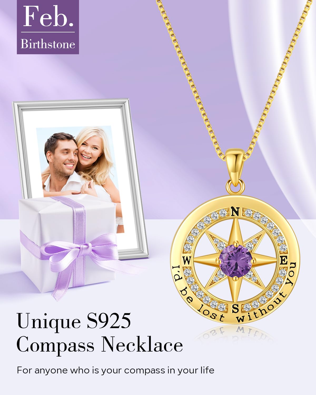 S925 Necklace Gift for Wife |Compass Jewelry |Women Anniversary |Sterling Silver |Girlfriend Birthday Necklaces for Her Valentines |I'd be Lost without You |Jewel 18K Gold Feb 02