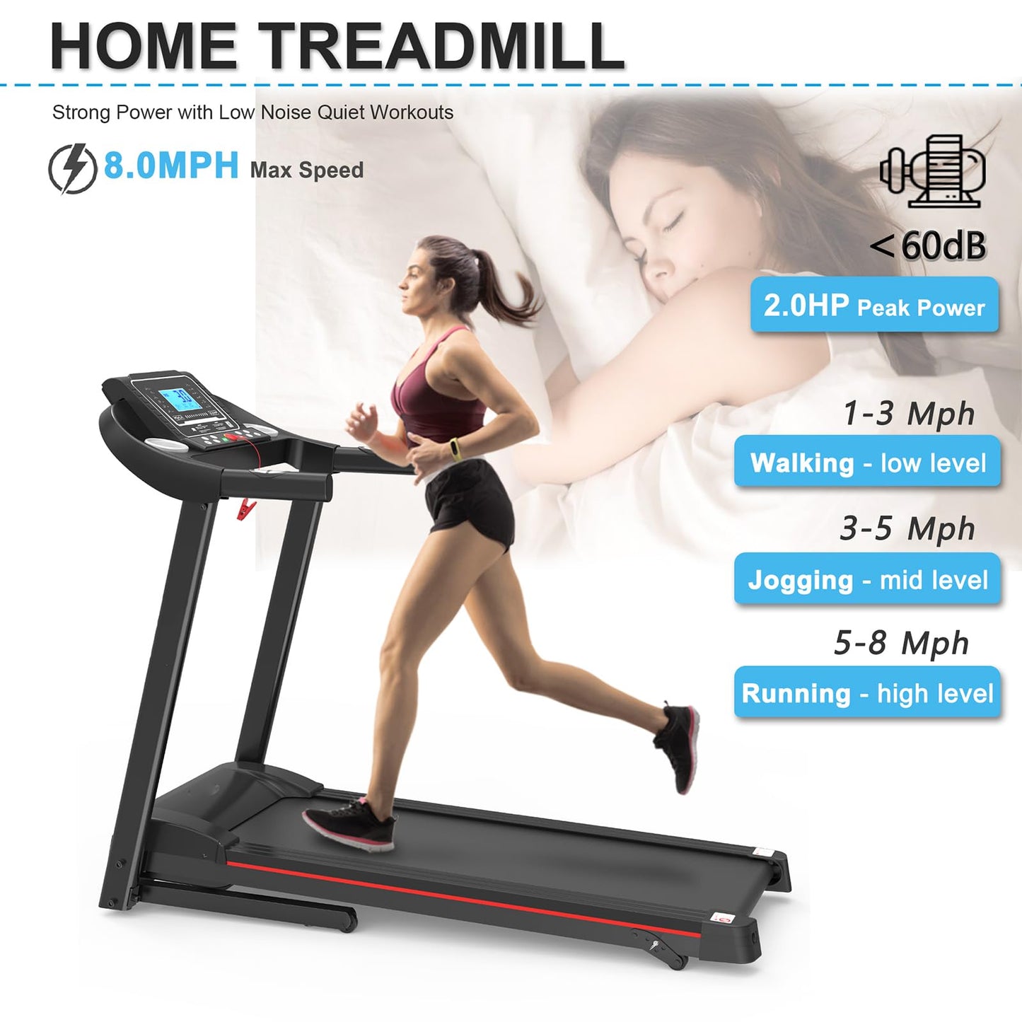 Home Foldable Treadmill with Incline, Folding Treadmill for Home Workout, Electric Walking Running Treadmills Machine 5" LCD Screen 250 LB Capacity Bluetooth Music