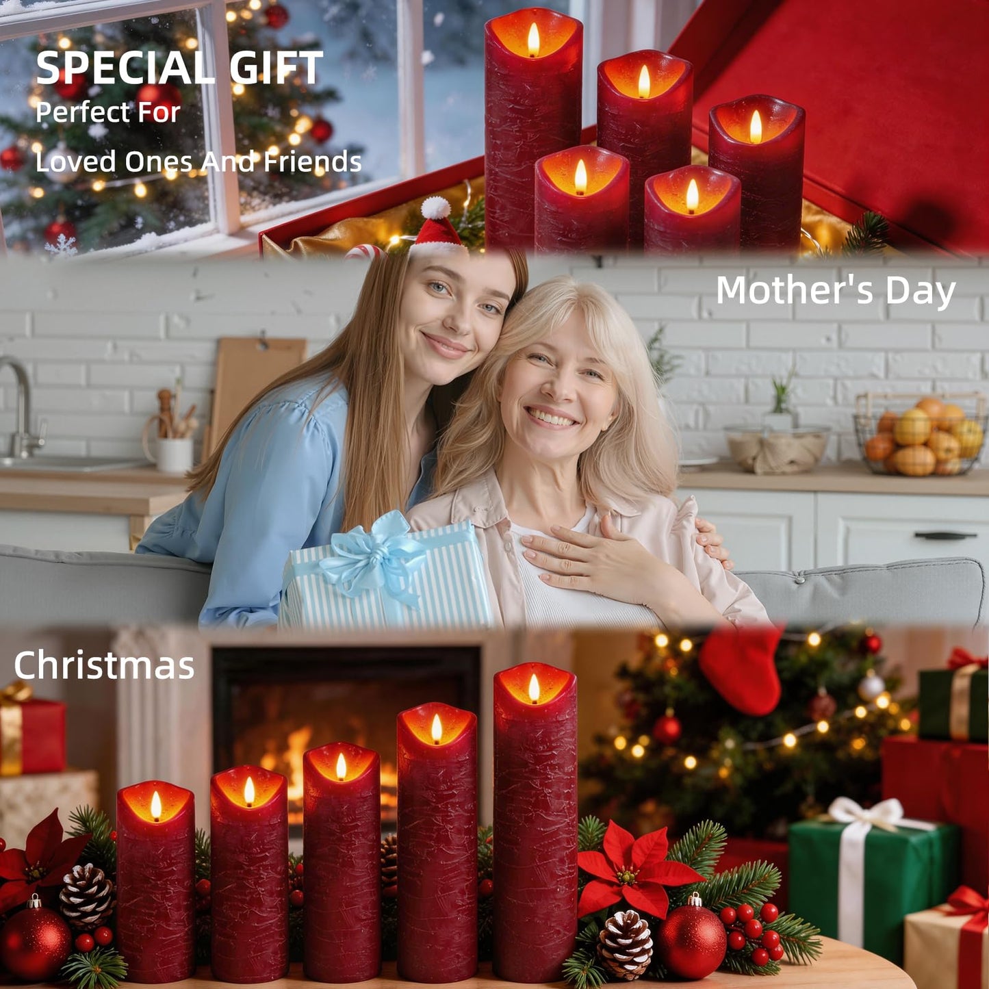 MiKoyi Flameless Pillar Candles with Remote, Battery Operated Candles Real Wax, [5-Pack] Fake LED Flickering flameless Candle with Timer Function for Room Home Decor (2.2" * 5/5.5/6/7/8"") - Red"
