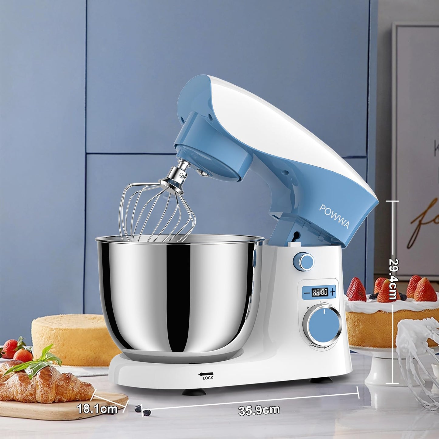 Stand Mixer, POWWA 6.5 QT 10 Speeds Tilt-Head Electric Stand Mixer, 3-In-1 Kitchen Mixer with Bowl, Dough Hook, Whisk and Beater, Food Mixer for Baking and Daily Use (White Blue)