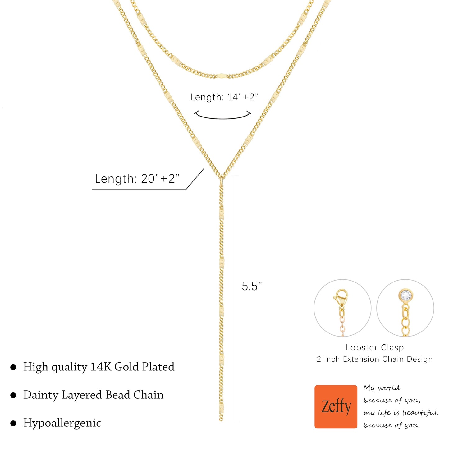 Zeffy Dainty Long Gold Necklaces for Women Trendy Lariat Y Necklace 14k Gold Plated Layered Bar Drop Necklaces Simple Y-Shaped Chain Jewelry Gift