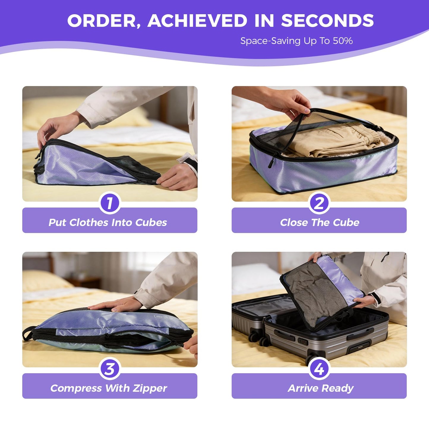 8-Piece Compression Packing Cubes for Travel, Elegant Ultralight Luggage Organizer Set for Women, Space Saving for Carry-On, Suitcase & Vacation Cruise Travel - Purple