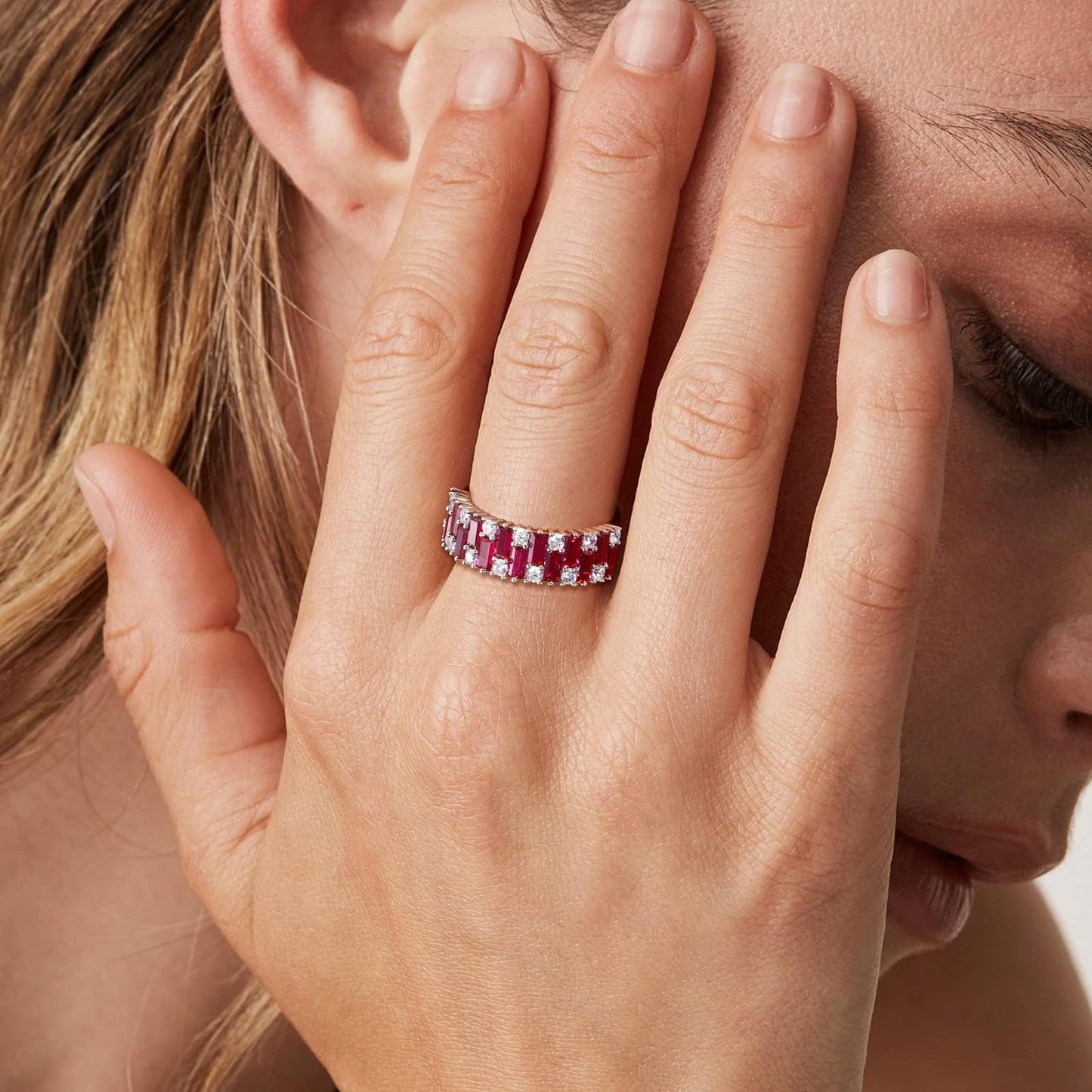 RANDES Ruby Eternity Band 925 Sterling Silver Emerald Cut Wedding Band 3ct Created Red Stone Half Eternity Rings for Women Size 9