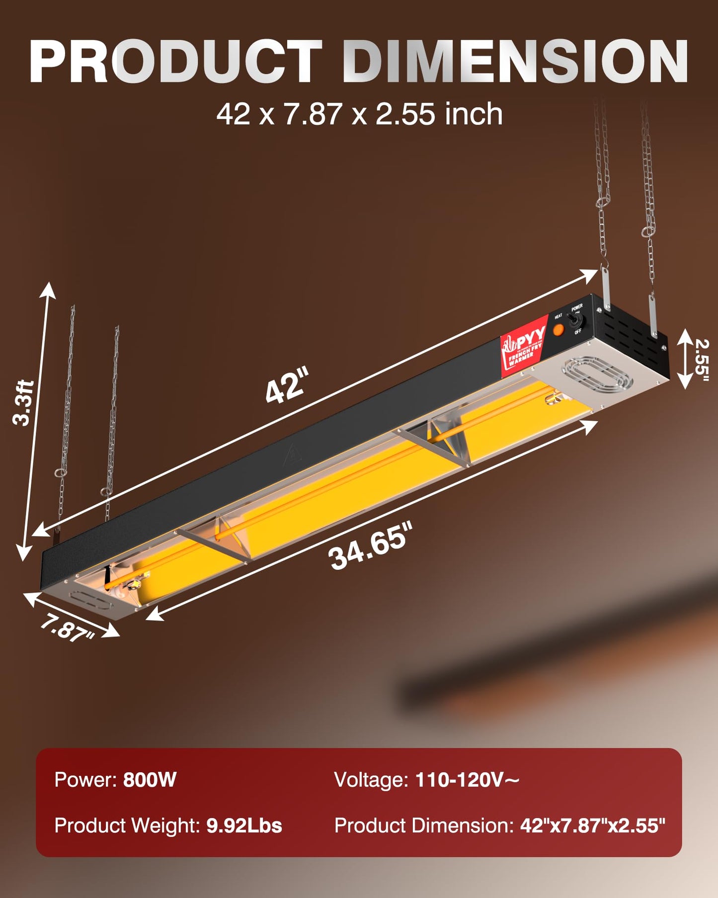 PPY 42 Inch Food Heat Lamp Strip - Commercial Food Heating Warmer Hanging, Warming Lights for French Fries Warmer, Stainless Steel Electric Strip Heater, Food Service Cafeteria, Restaurant, Black