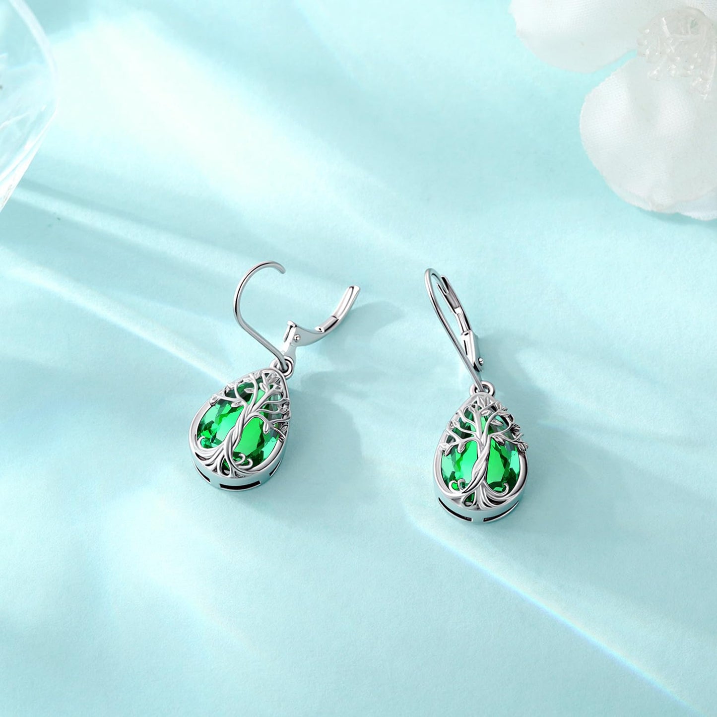 Eusense Tree of Life Earrings 925 Sterling Silver Dangle with May Birthstone Emerald Earring for Women Teardrop Leverback Sterling Silver Birthstone Jewelry Gift