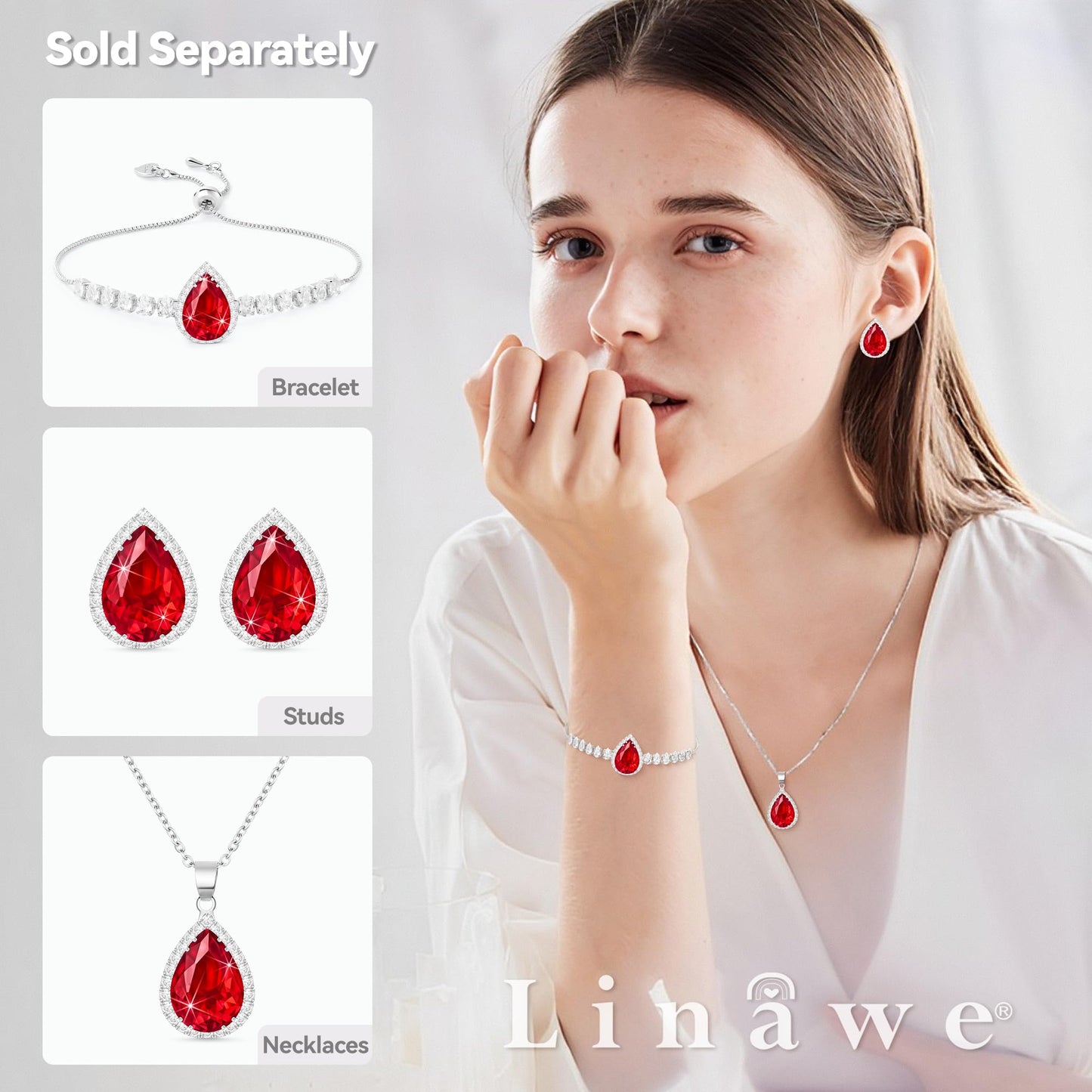 Linawe Red Crystal Ruby Pendant Silver Chain Necklace for Women Trendy, Imitation Diamond Boho Jewelry Set, Cubic Zirconia Birthstone Teardrop Rhinestone Preppy Necklace