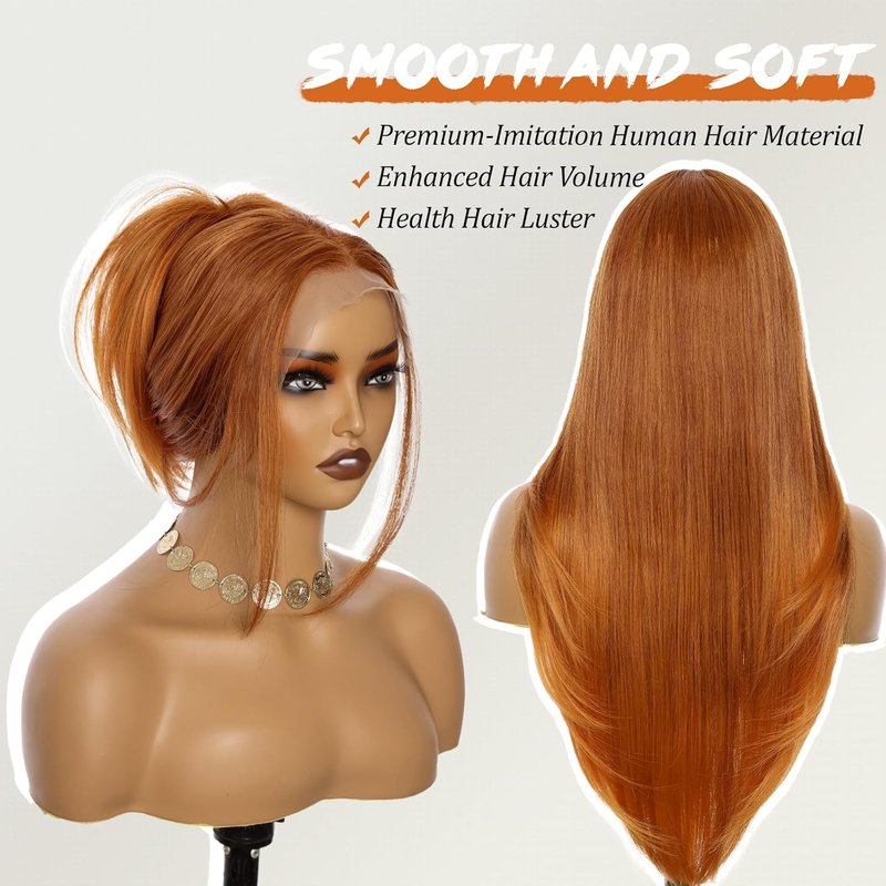Worldnewhair Ginger Orange Lace Front Wig 13x4 HD Synthetic Wigs for Women Pre Plucked 26 Inch Long Straight Layered Wig for Daily