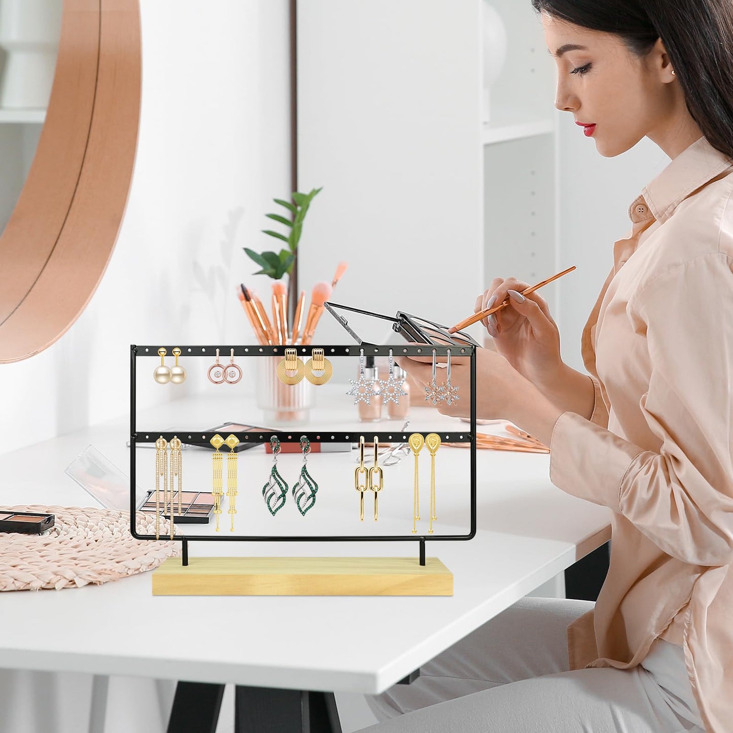 FjiProu Jewelry Organizer Stand, Double Layer Necklace Holder with Tray, Jewelry Tree Stand for Bracelet Necklaces Earrings Rings Bracelet Earring Storage Vanity Dresser Bathroom Sink Dorm Room Black