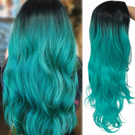 Swiking Curly Ombre Bluish Green Wigs for Women Long Wavy Natural Middle Part Dark Roots Blue Wave Hair Wigs Synthetic Wig for Party Cospaly Halloween
