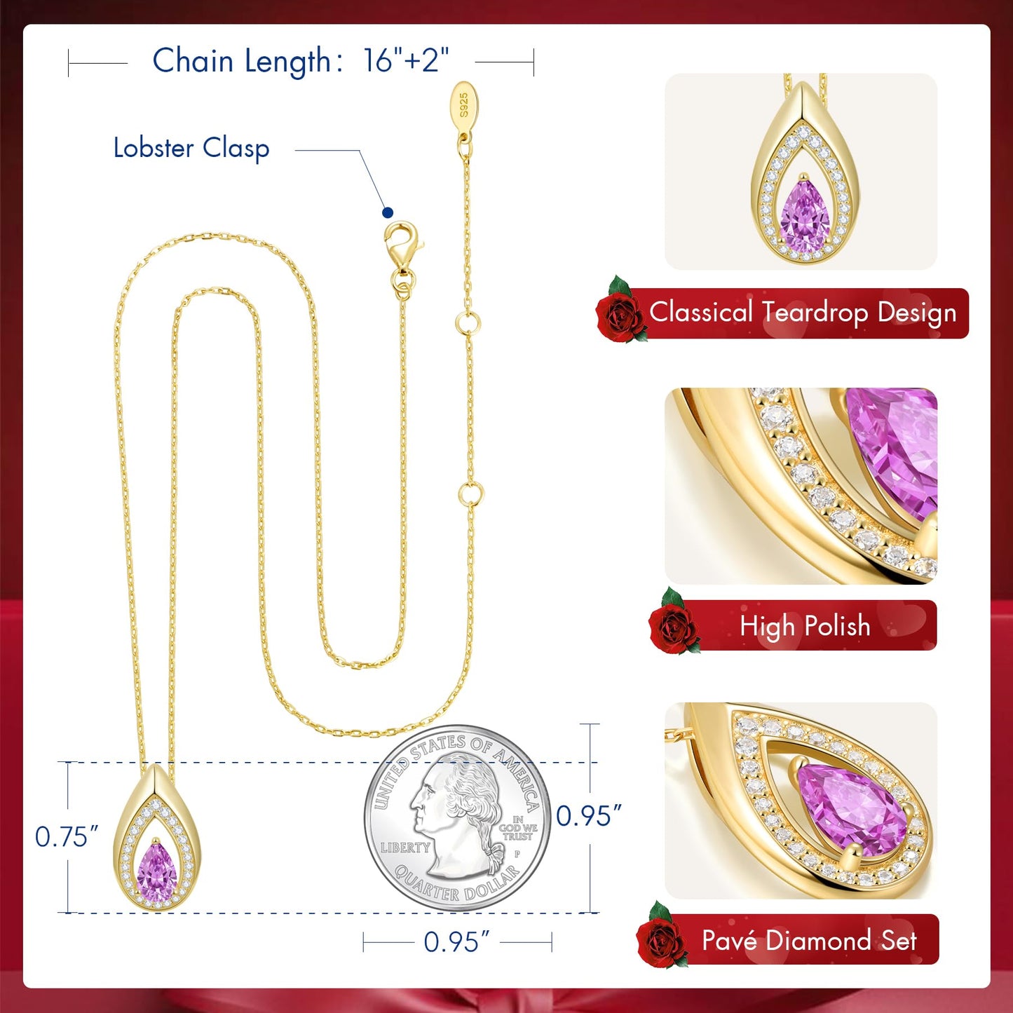 Kstyle 14k Gold Tourmaline October Birthstone Pendant Necklaces for Women Valentine's Day Birthday Gift Anniversary Jewelry for Wife Daughter Grandma Mom Sister Non Tarnish