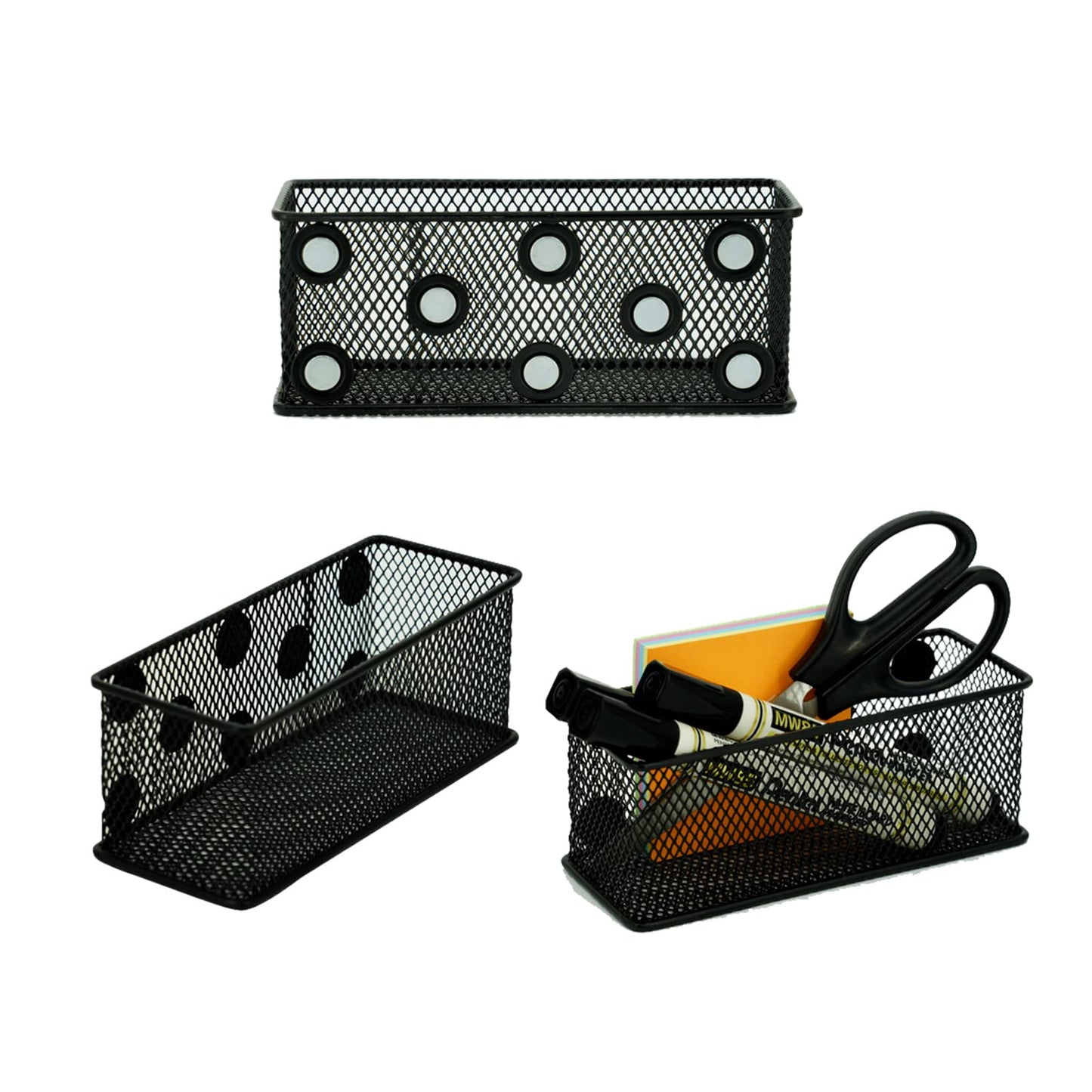 Neudeco Magnetic Locker Organizer and Accessories, Wire Mesh Magnetic Storage Basket, Magnetic Holder for Dry Erase Markers, Strong Magnet Pen Holder for Fridge School, Pack of 3, Black