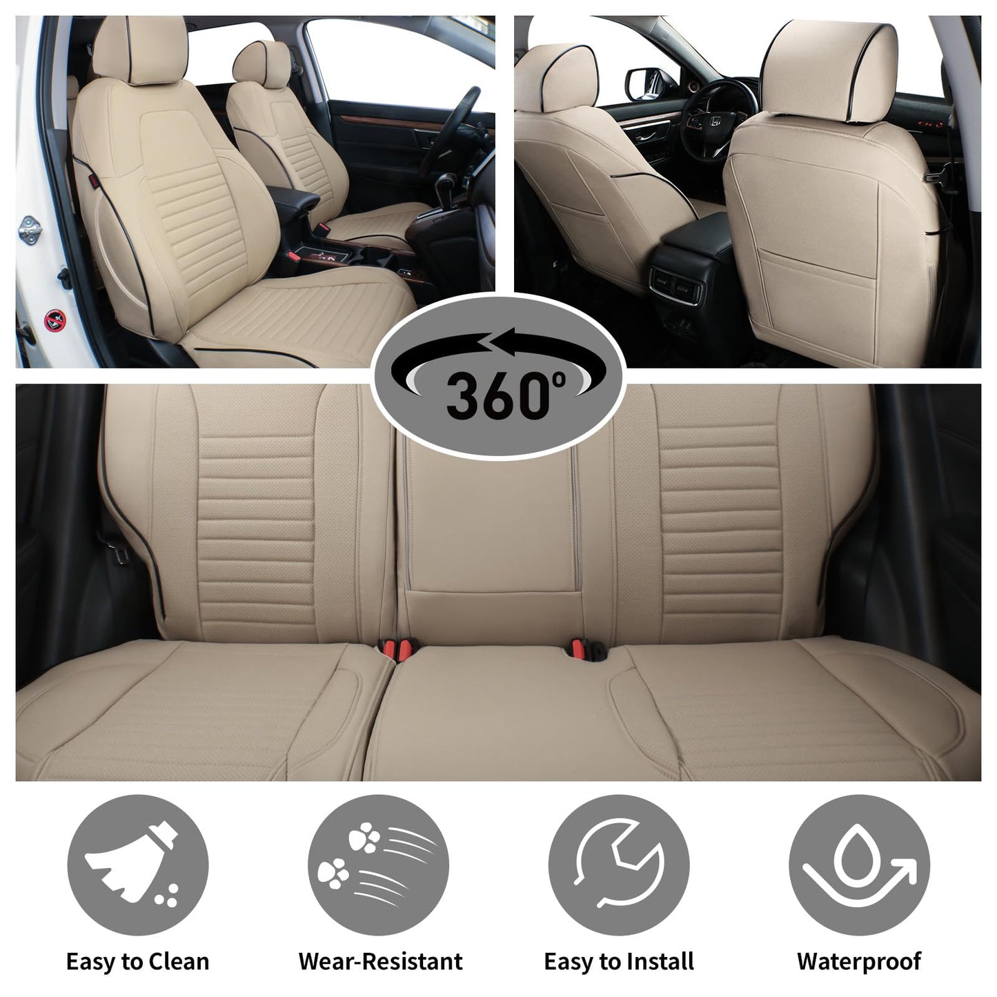 EKR Custom Fit Full Set Car Seat Covers for Select Honda CRV 2017 2018 2019 2020 2021 2022 - Leatherette (Beige)