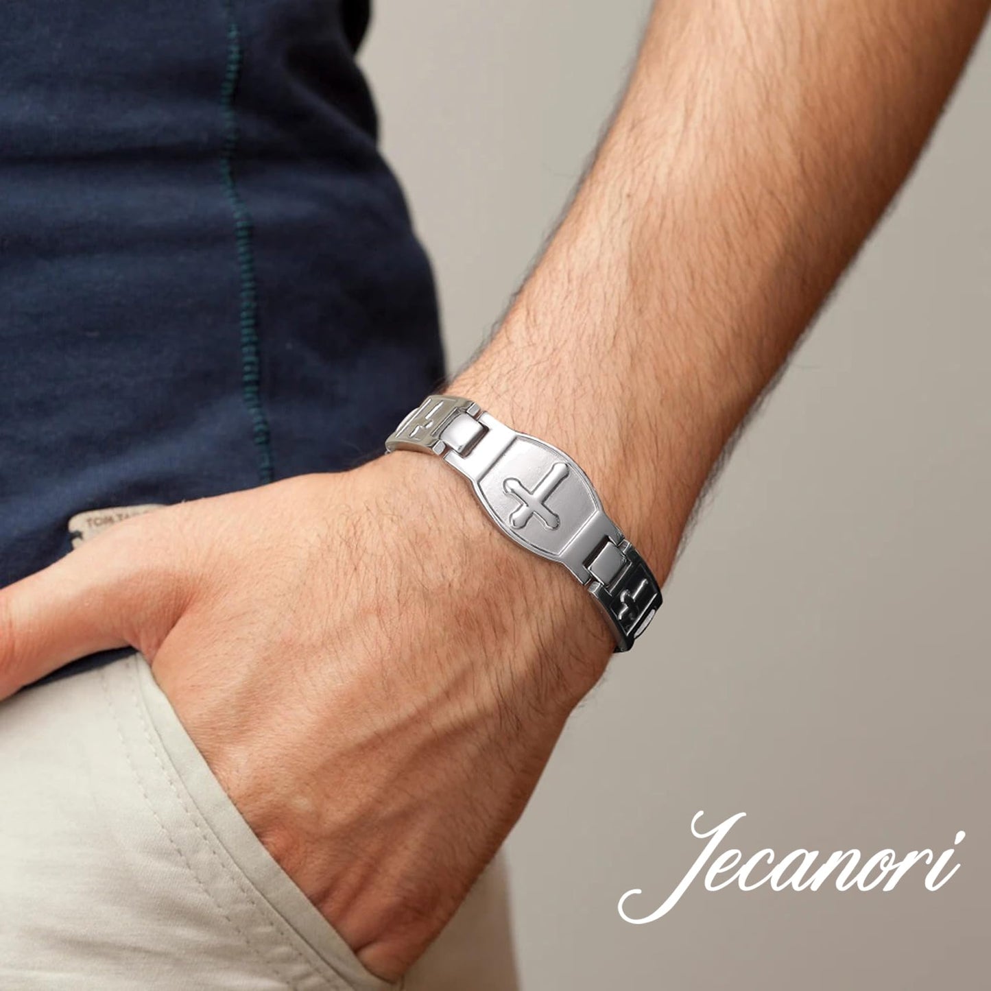 Jecanori Magnetic Bracelets for Men,Titanium Steel Bracelet for Men with Magnets,Adjustable Length with Sizing Tool,Magnetic Field Therapy(Silver)