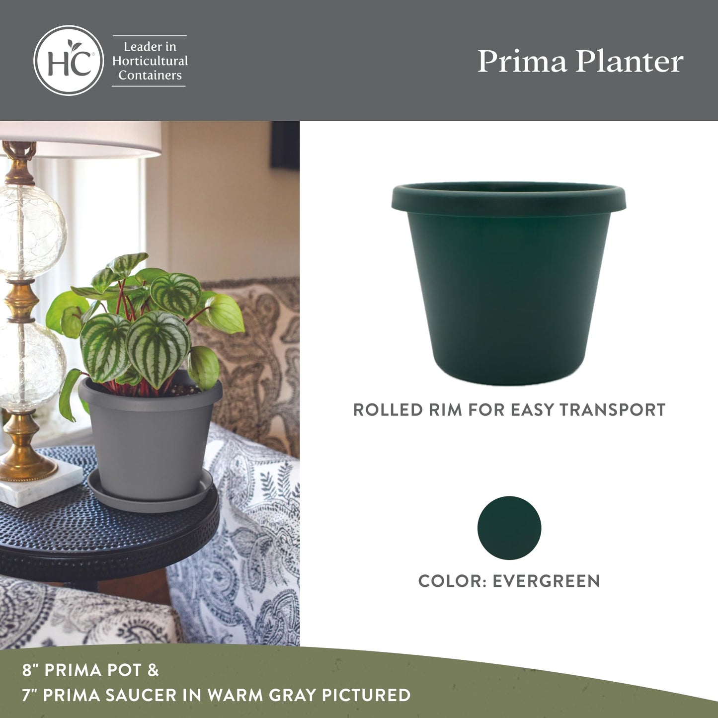 The HC Companies Prima Round Plastic Plant Pot w/Rolled Rim - Lightweight & UV Resistant Flower Pot for Herbs & More - Outdoor & Indoor Plant Pots w/Drainage (6 inch, Evergreen, Pack of 1)