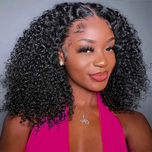 13x6 Bob Wig Human Hair Deep Curly Frontal Lace Wig Human Hair HD Transparent Lace Front Wigs Pre Plucked Lace Frontal Wigs Natural Black 16 Inch