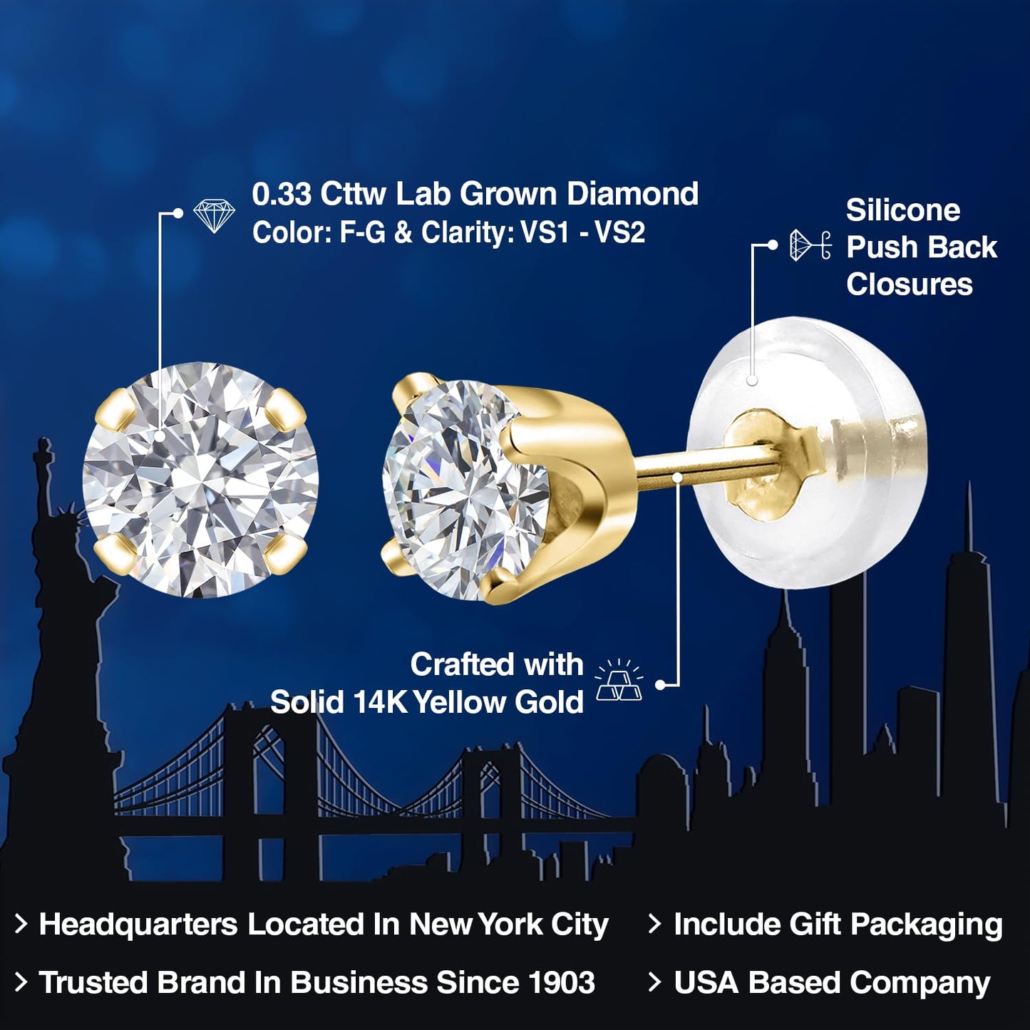 Gem Stone King 0.20 to 6 Cttw 14K Gold Lab Grown Diamond Stud Earrings | Gold Earrings For Women Men | E-F Color | VS1-VS2 Clarity | Yellow Gold | 0.33 Carats - Not IGI Certified