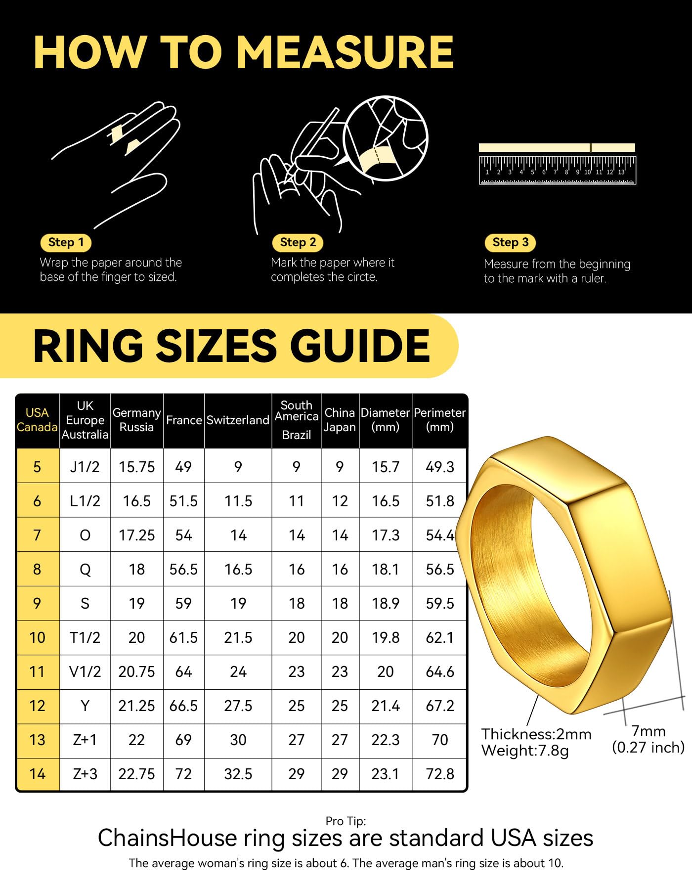 ChainsHouse Gold Hexagon Geometric Ring for Men Women, Cool Punk Hip Hop Biker Band Rings(Size 13)