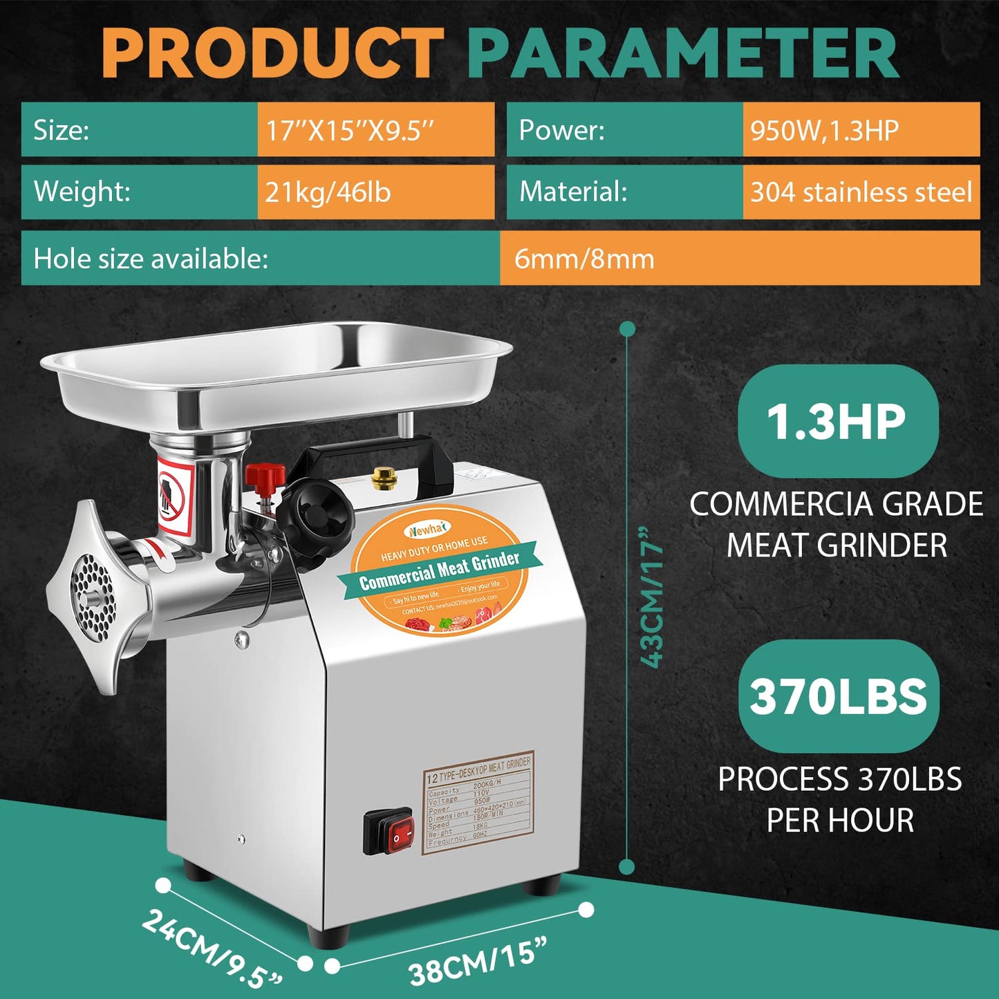Newhai 1.3HP Commercial Meat Grinder Electric Meat Grinding Machine Heavy Duty Industrial Meat Mincer Sausage Stuffer 3/6/8mm Grinding Plates Grinding Chicken Bones for Restaurant 950W 110V US