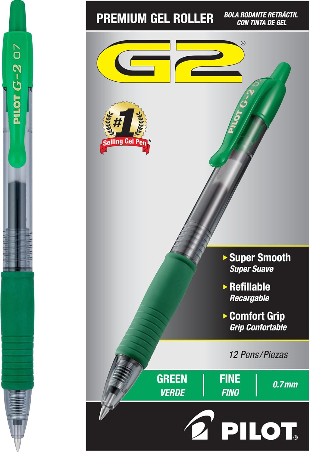 Pilot, G2 Premium Gel Roller Pens, Fine Point 0.7 mm, Black, Pack of 12 (Dozen Box)