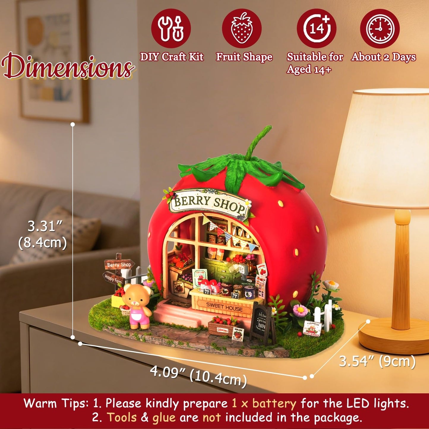 TuKIIE DIY Miniature House Kit with Furniture, 1:100 Scale Creative Room Mini Wooden Dollhouse Book Nook for Kids Teens Adults(Berry Shop)