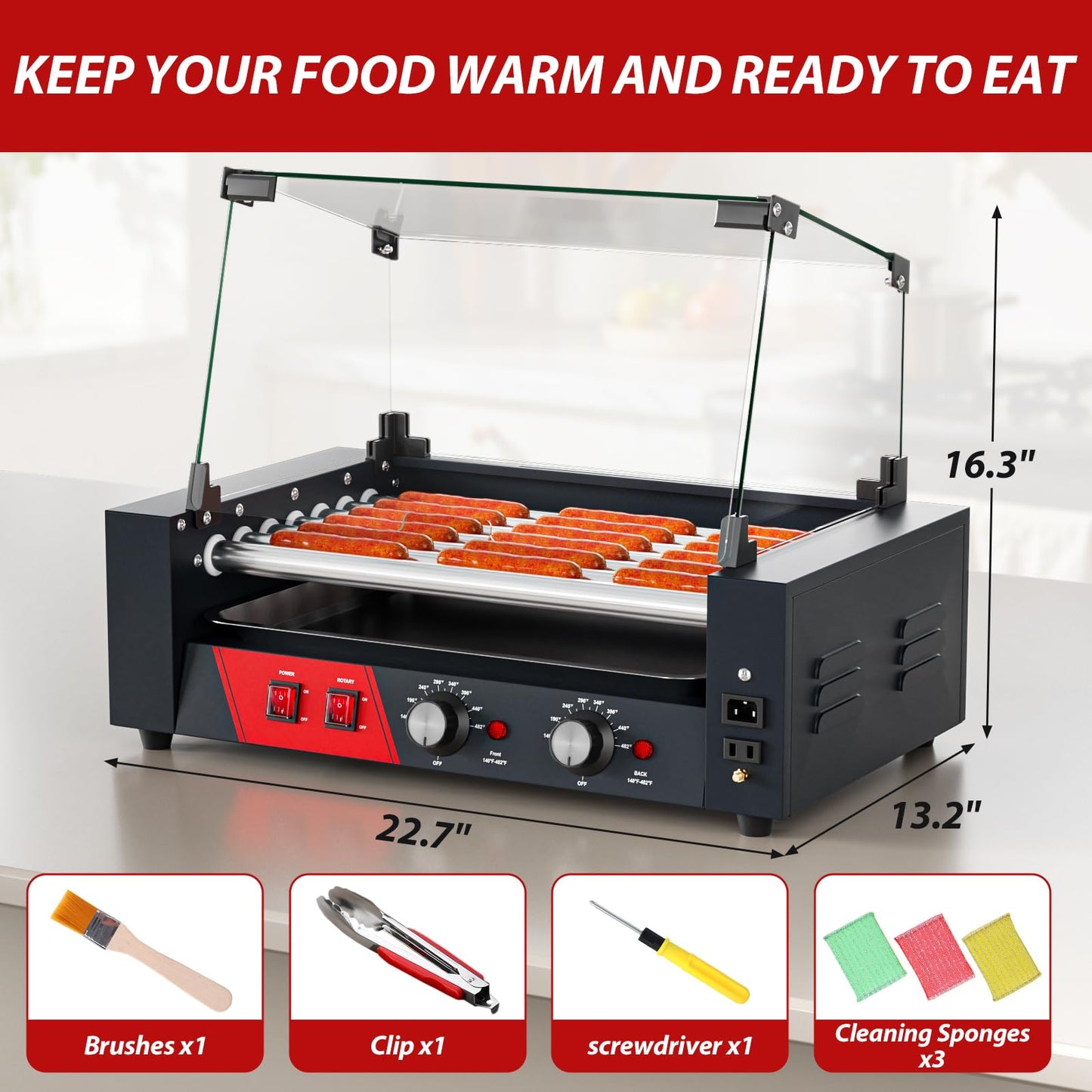 Baotree Commercial Hot Dog Rollers, 7 Rollers 18-24 Hot Dogs Capacity, 1000W Stainless Steel Hot Dog Griller with Dual Controls, Glass Cover, Removable Tray for Commercial and Party