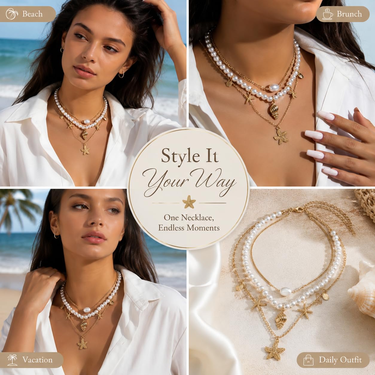 Shell Starfish Necklace for Women Gold Tone Layered Beach Jewelry Pearl Seashell Charm Adjustable Coastal Necklace for Summer Vacation Outfits Gifts