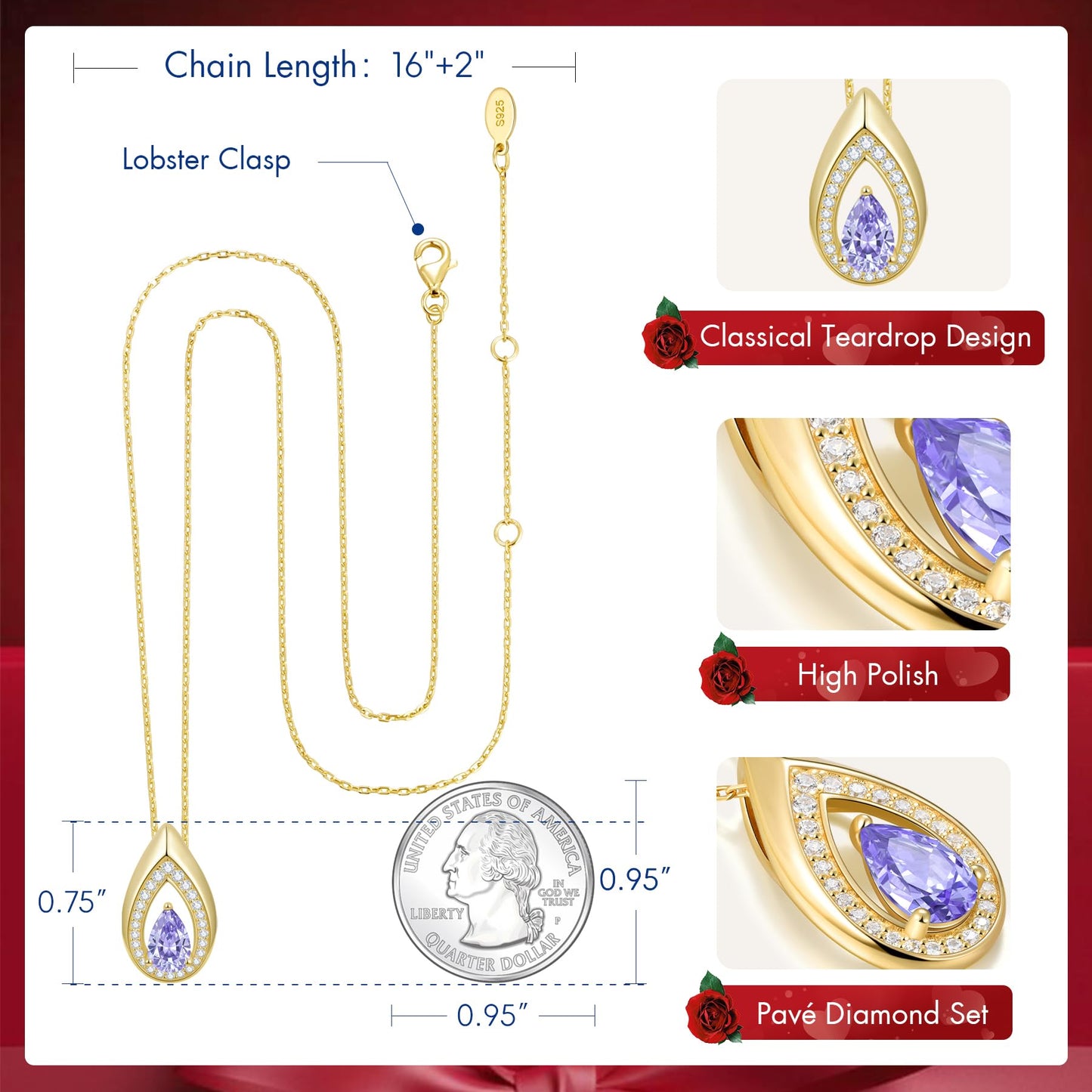 Kstyle 14k Gold Amethyst February Birthstone Pendant Necklaces for Women Valentine's Day Birthday Gift Anniversary Jewelry for Wife Daughter Grandma Mom Sister Non Tarnish
