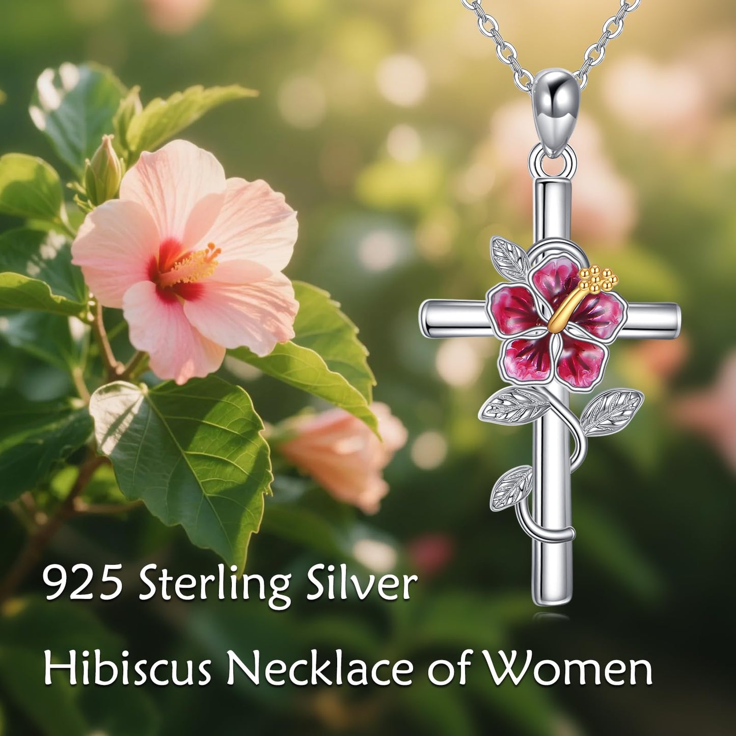 Hibiscus Necklace 925 Sterling Silver Hibiscus Cross Pendant Necklace Hawaiian Flower Jewelry for Women