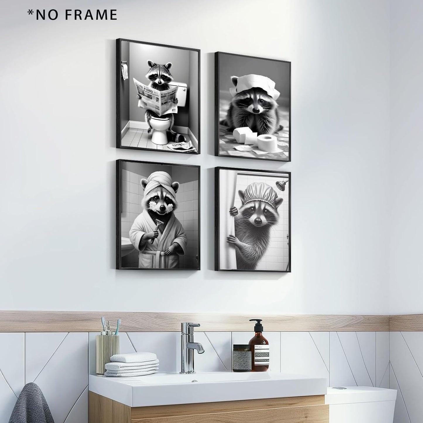 XUCVSPANTING Funny Raccoon Washroom Wall Art,Cut Bathroom Raccoon Sitting on Toilet Reading Newspaper Shaving&Paper Toilet Paper on Head Canvas Posters for Bathroom Washroom Restroom Home Decor