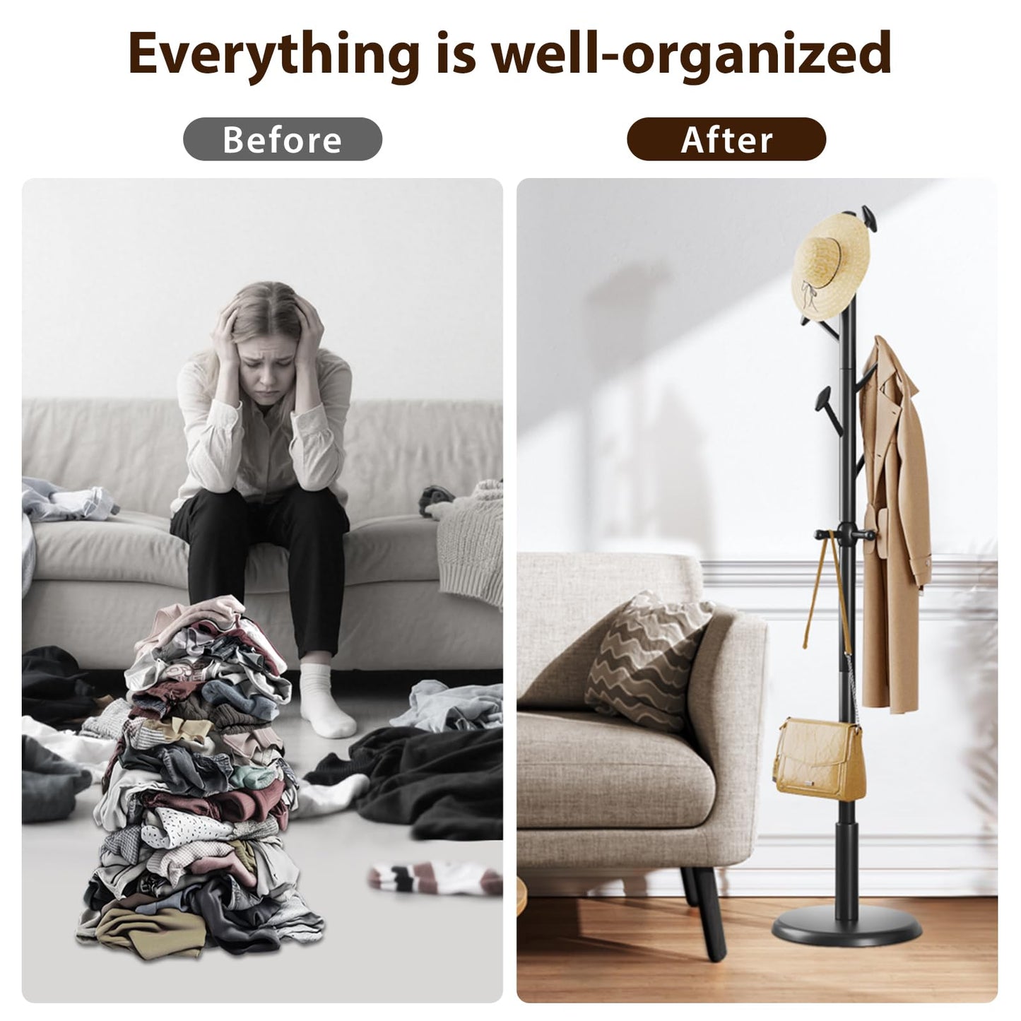Taitiy Solid Wood Coat Rack Freestanding Coat Tree with 10 Hooks for Bedroom, Livingroom, Entryway, Sturdy Coat Hanger Stand for Hats, Coats, Scarves, Handbags, Purses