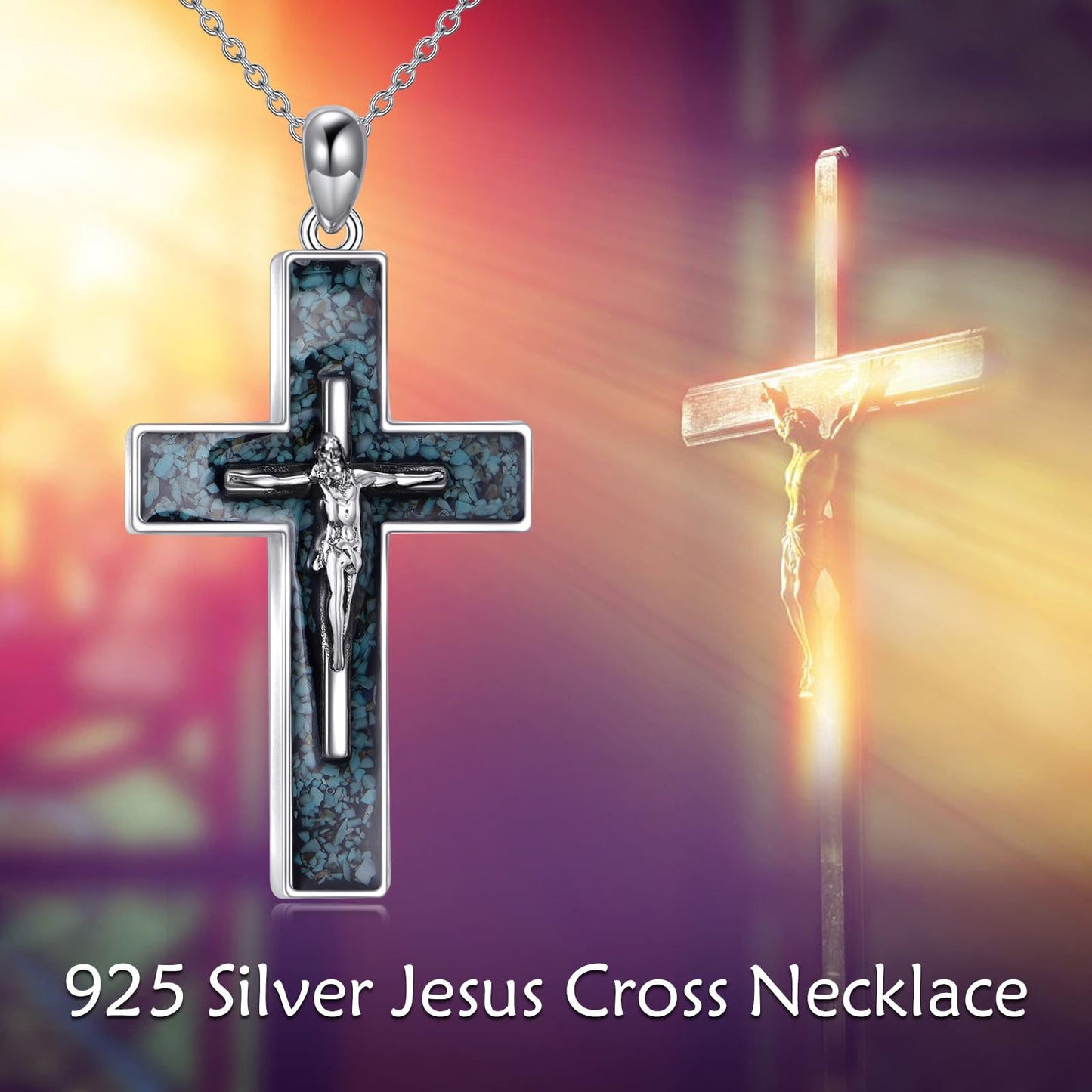 YFN Crucifix Cross Necklace Sterling Silver Jesus Cross Pendant Turquoise Jewelry Christian Gifts for Women Men