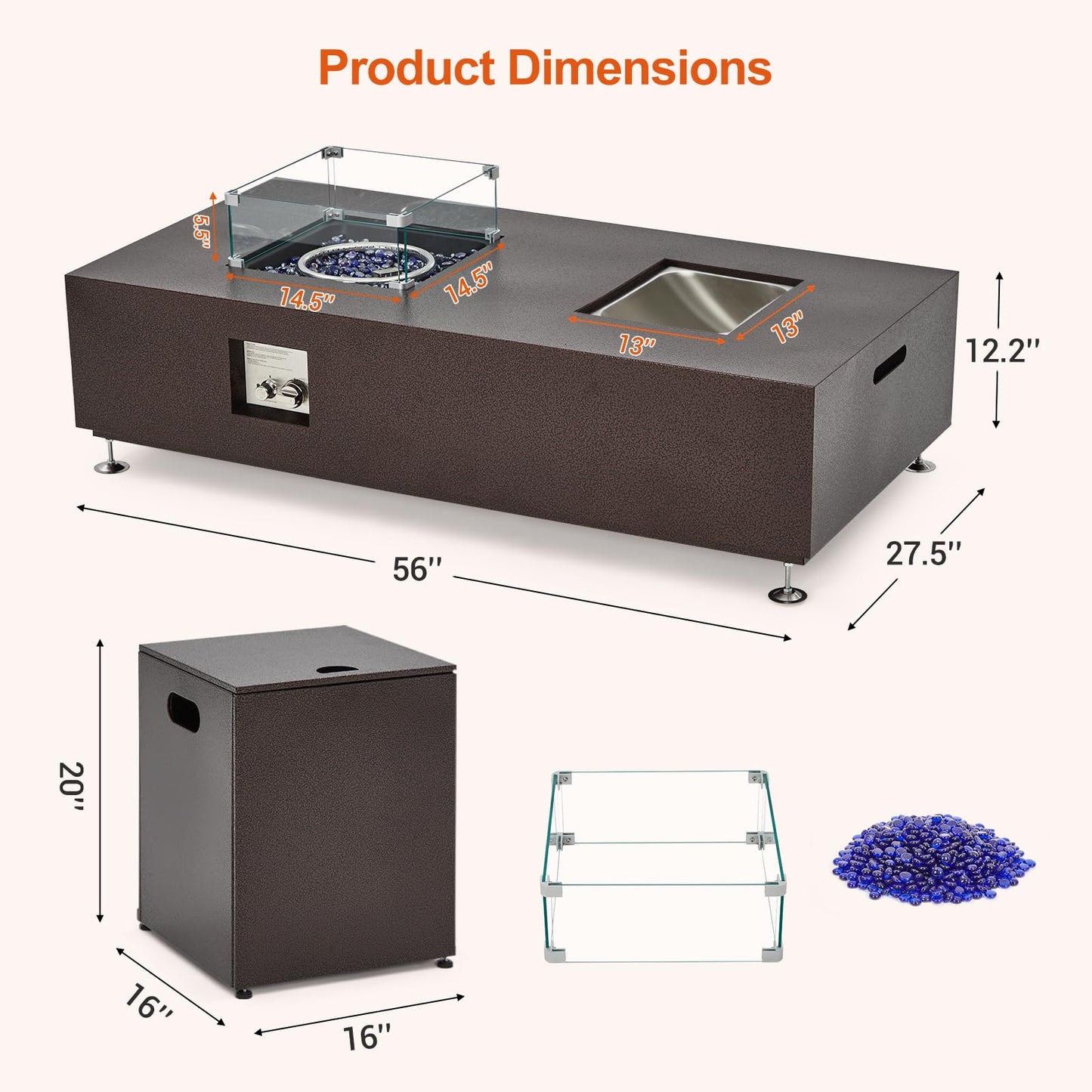 56 in Propane Fire Pit Table with Ice Bucket，50000BTU Fire Table with 13 in Square Drink Ice Bucket Wind Guard, Fire Glass Beads & CSA Safety Certified Outdoor Firepit for Patio Garden