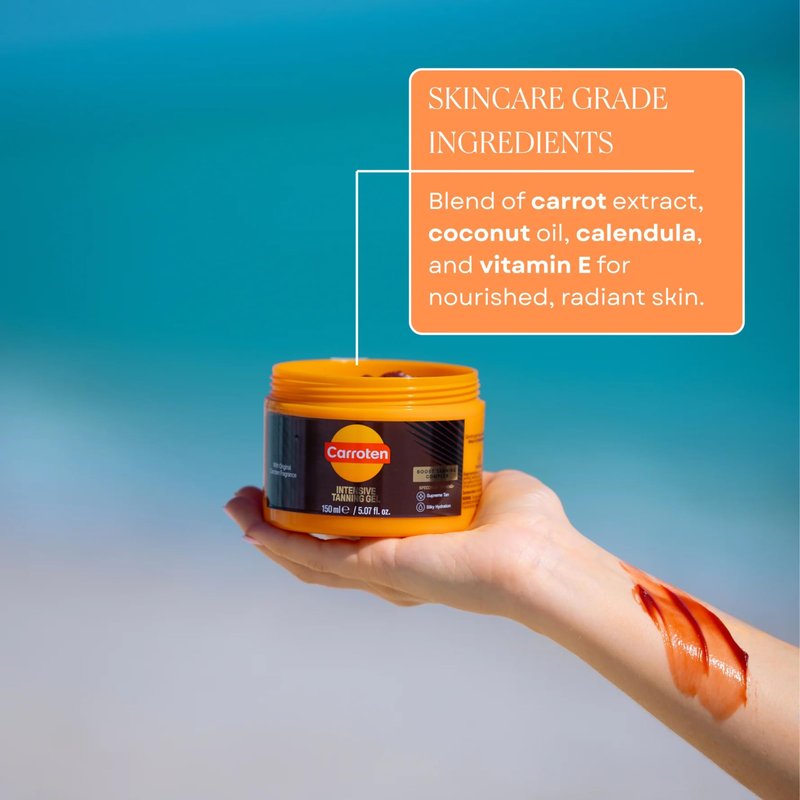 Carroten Intensive Tanning Gel | Browning Tan Accelerator | Non-Greasy, Water-Resistant with Carrot and Coconut Oil | Vitamin A & E For Moisture & Hydration | Made in Greece | 5 oz + Spatula