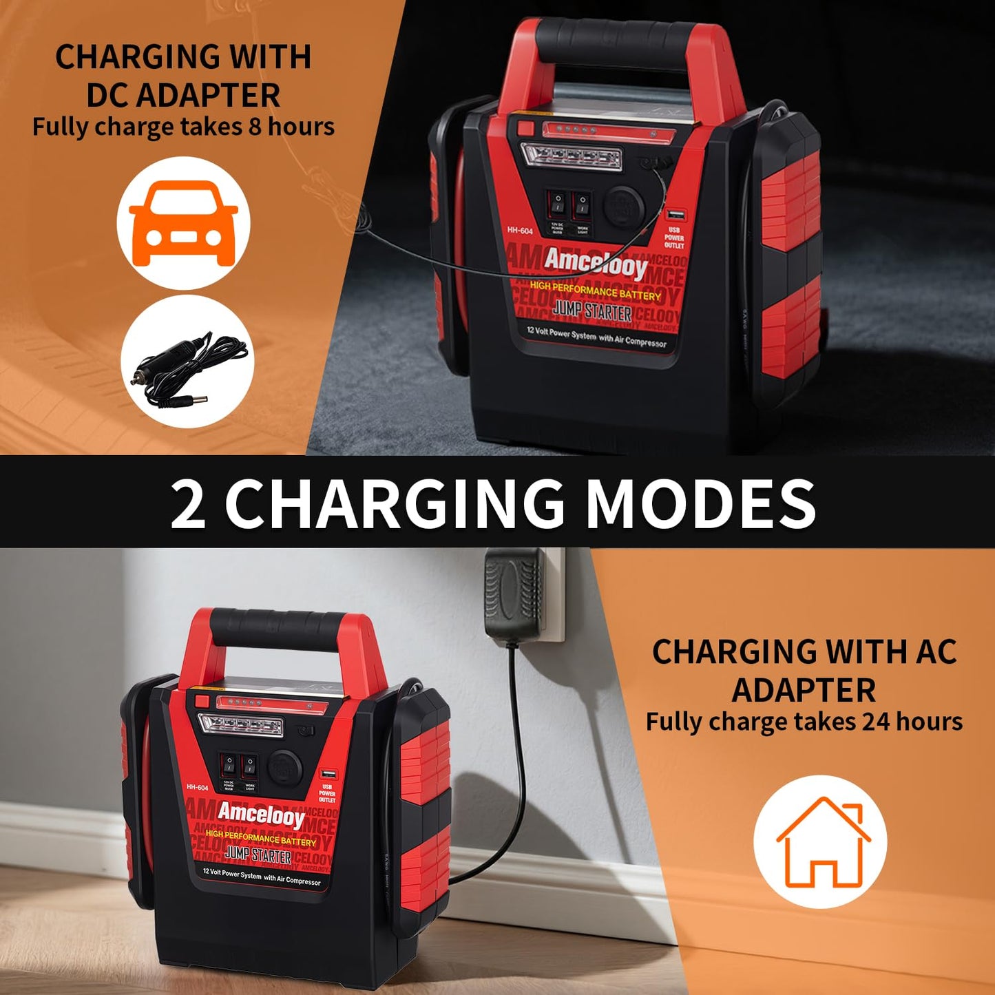 2000A Jump Starter with Air Compressor - Amcelooy Car Battery Jump Starter 260PSI Tire Inflator - Starts 8.0L Gas & 8.0L Diesel - 12V Portable Jump Box with LED Light & USB & DC Ports