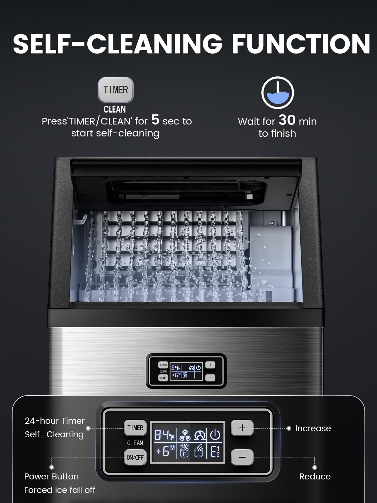 Commercial Ice Maker Machine, 100lbs/24H Stainless Steel Ice Machine with 33lbs Storage Capacity, Auto Self-Cleaning Freestanding Ice Maker, Ice Machine Freestanding for Bar/Cafe/Restaurant