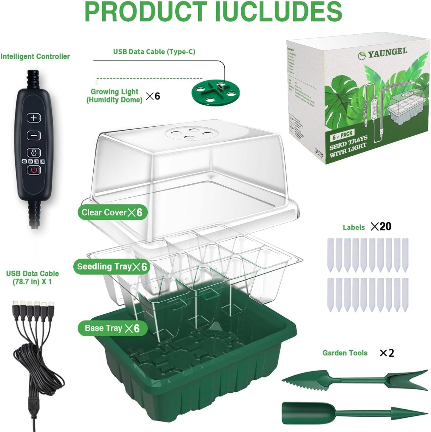 YAUNGEL Seed Starter Tray with Grow Light, 6 Pack Seed Starter Kit with Timing Controller Adjustable Brightness, Thicken Seedling Starter Trays with Humidity Domes Heightened Lids, Gift Box