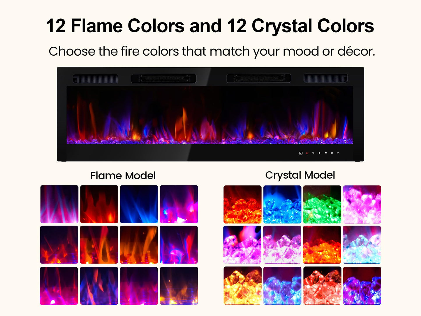 RealSmart Electric Fireplace Heater Inserts 60" Wall Mounted Electric Fireplace 750W/1500W in-Wall Recessed Heaters with Remote Control,Fit for 2 X 6 stub,12 Adjustable Color Flame & Brightness,Timer
