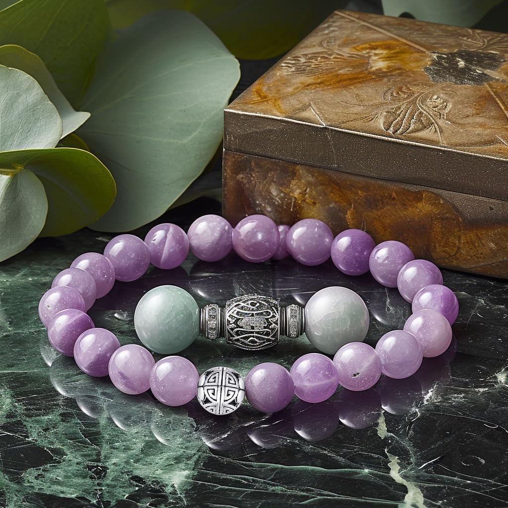MetJakt Healing Crystals Beaded Bracelets for Womens Natural Gemstone 8mm Beads Stretch Bracelets with 925 Sterling Silver Double Happiness Pendant (Purple chalcedony)
