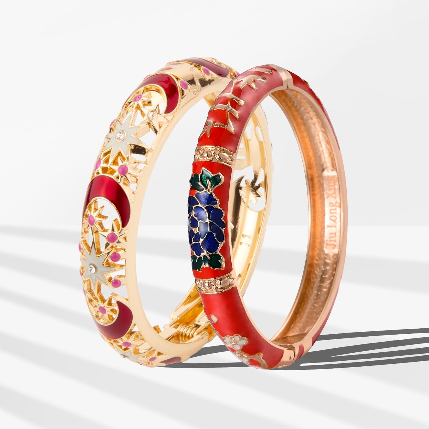 wynameleri Vintage Cloisonne Jewelry Gorgeous Rhinestone Handcrafted Bracelets Enamel Flower Gold Hinged Cuff Bangles Gifts 88A-55A127 red