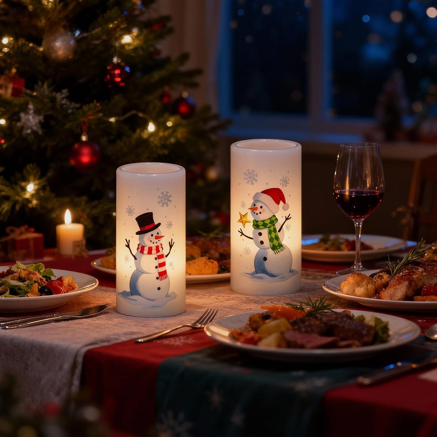 Eldnacele Christmas Snowman Flameless Candles Battery Operated with Remote and Timer Real Wax Flickering LED Pillar Candles Xmas Holiday Indoor Decor(2 Pack, 3" D x 6"" H)"