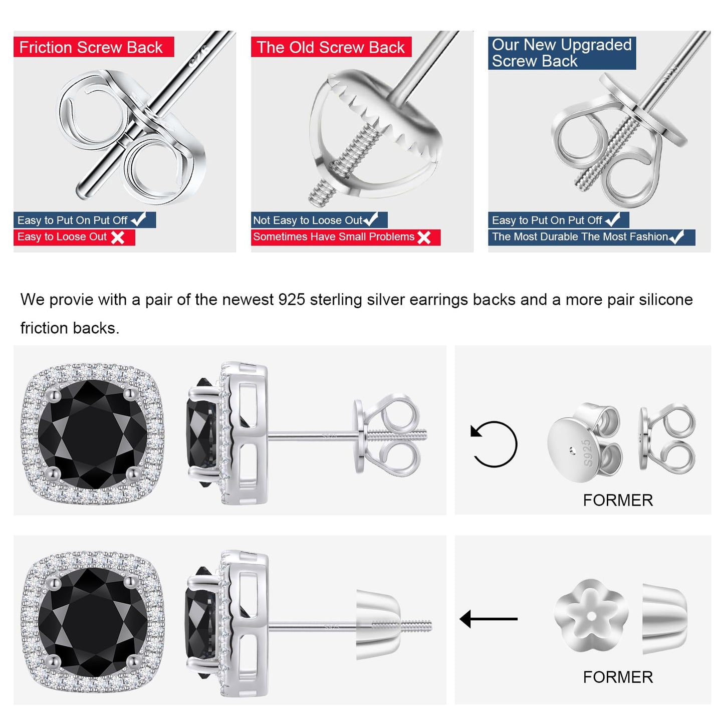 Gugots Moissanite Halo Square Stud Earrings Screw Back 925 Sterling Silver Lab Brilliant D Color VVS1 Clarity Hypoallergenic Earrings for Women Men Black White Gold Plated 0.8CT 6MM*2