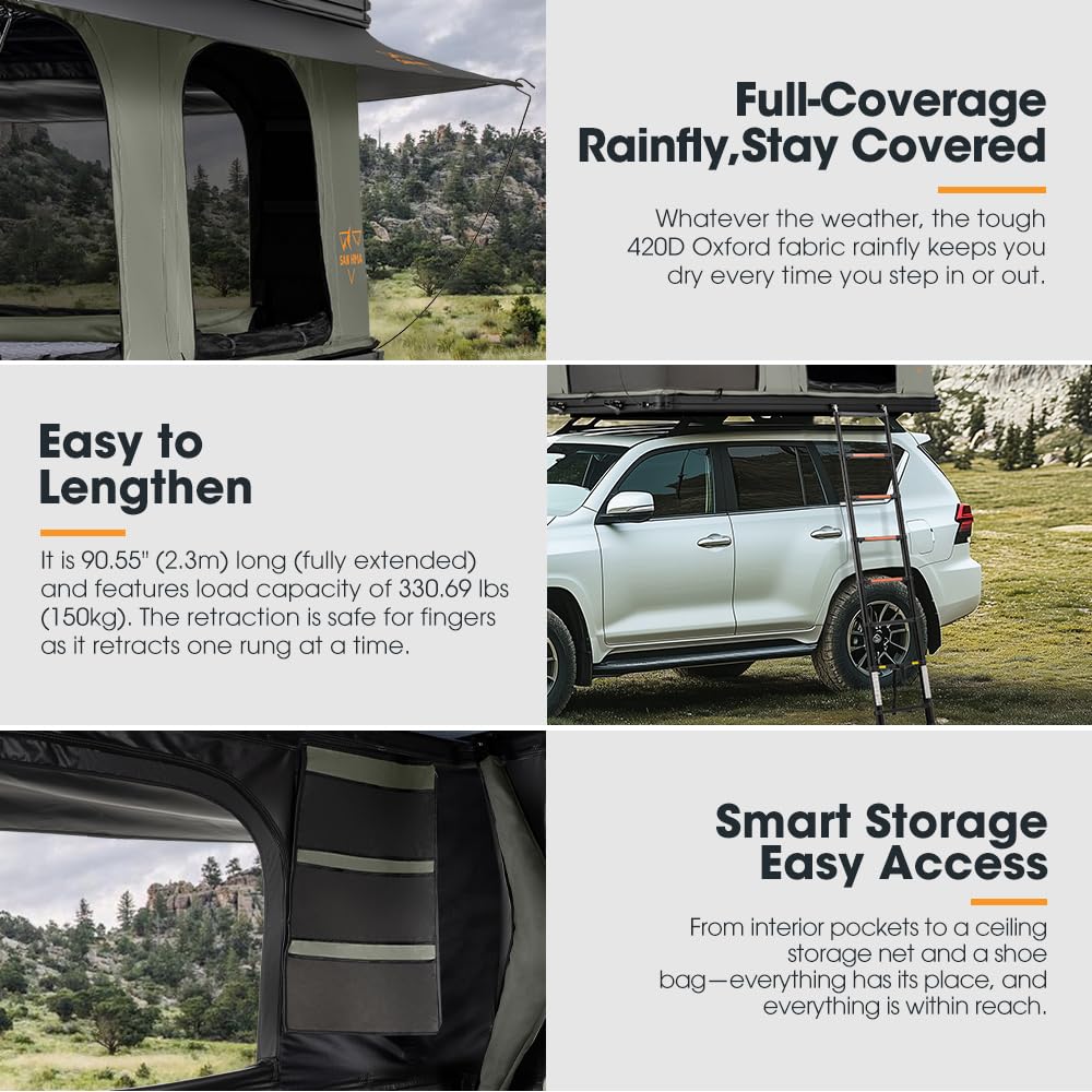 SanHima Rooftop Tent Hard Shell - Gibb Overland Aluminium Roof Top Tent 360° View, w/Tri-Color LED Strip Light & 1.97” Thick Mattress, for Car SUV Truck Camping, 2-3 People