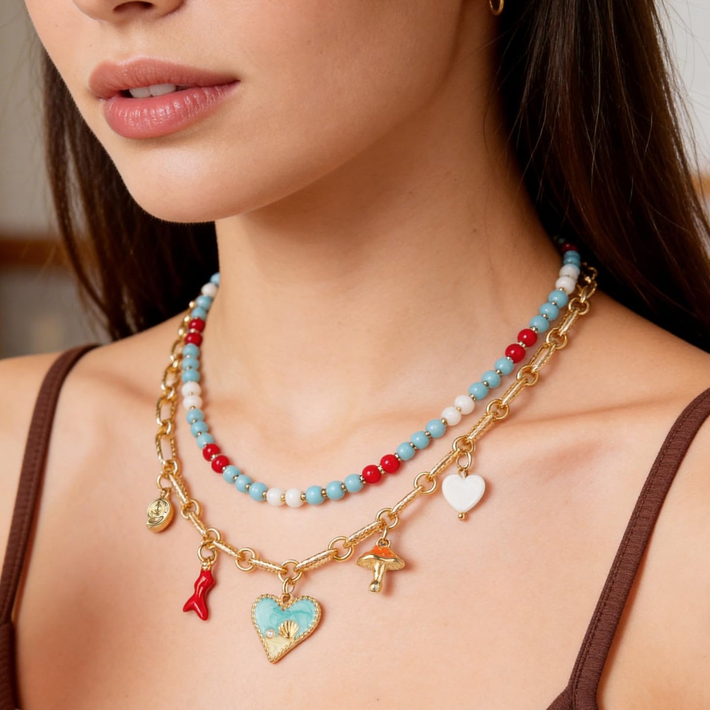 NEKOL Layered Gold Heart Necklaces for Women Western Summer Beach Ocean Vacation Gold Chain Jewelry Accessories Gifts Boho Sea Shell Conch Coral Mushroom Choker Cute Pendant Beaded Necklace Stack