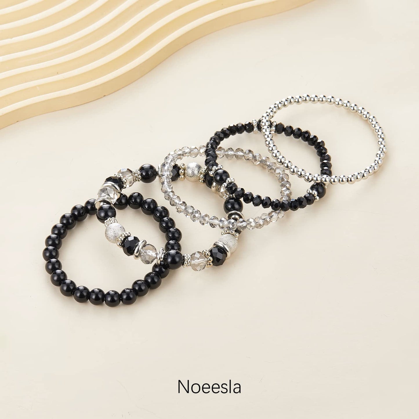 Noessla Beaded Pearl Stretch Bracelet Silver Stackable Crystal Beads Bracelets Trendy Costume Jewelry Mothers Day Gifts for Women(Black)