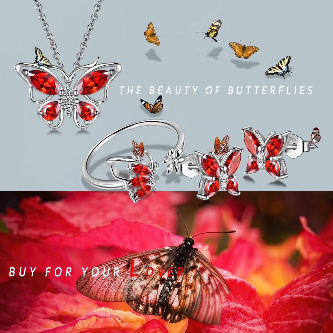 Hipunk Butterfly Red Jewelry Sets Birthstone Women 925 Sterling Silver January-Garnet Birth Stone Animal Butterflies Jewelry Sets/Earring/Ring Set Crystal Birthday Jewelry SS0002J