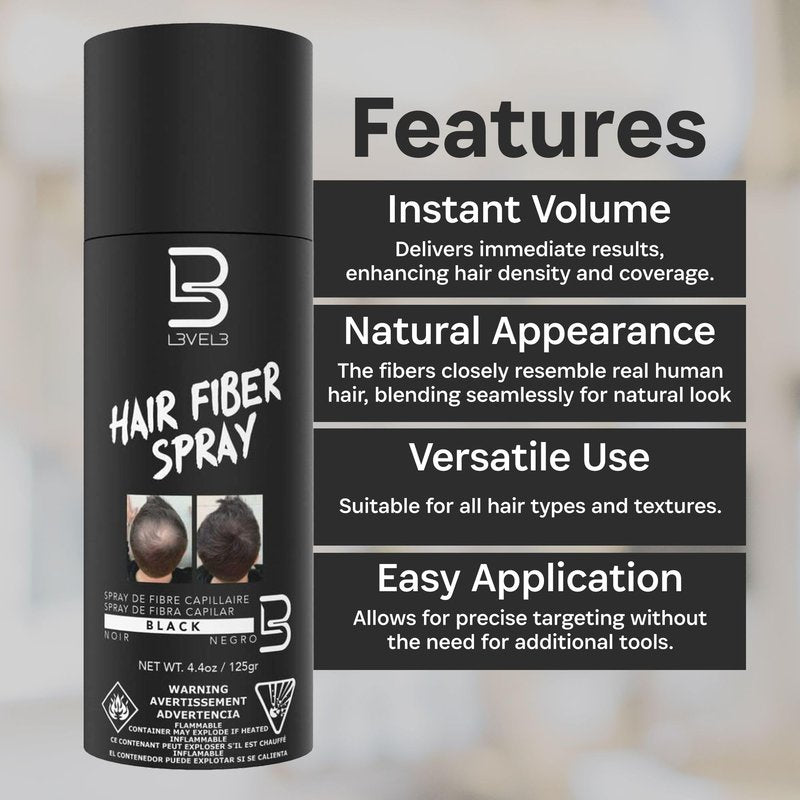Level 3 Black Hair Fiber Spray - Covers Bald Spots & Thinning Hair - Instant Gray Coverage & Thicker Hair Appearance - Hair Enhancement Spray - 4.4 oz
