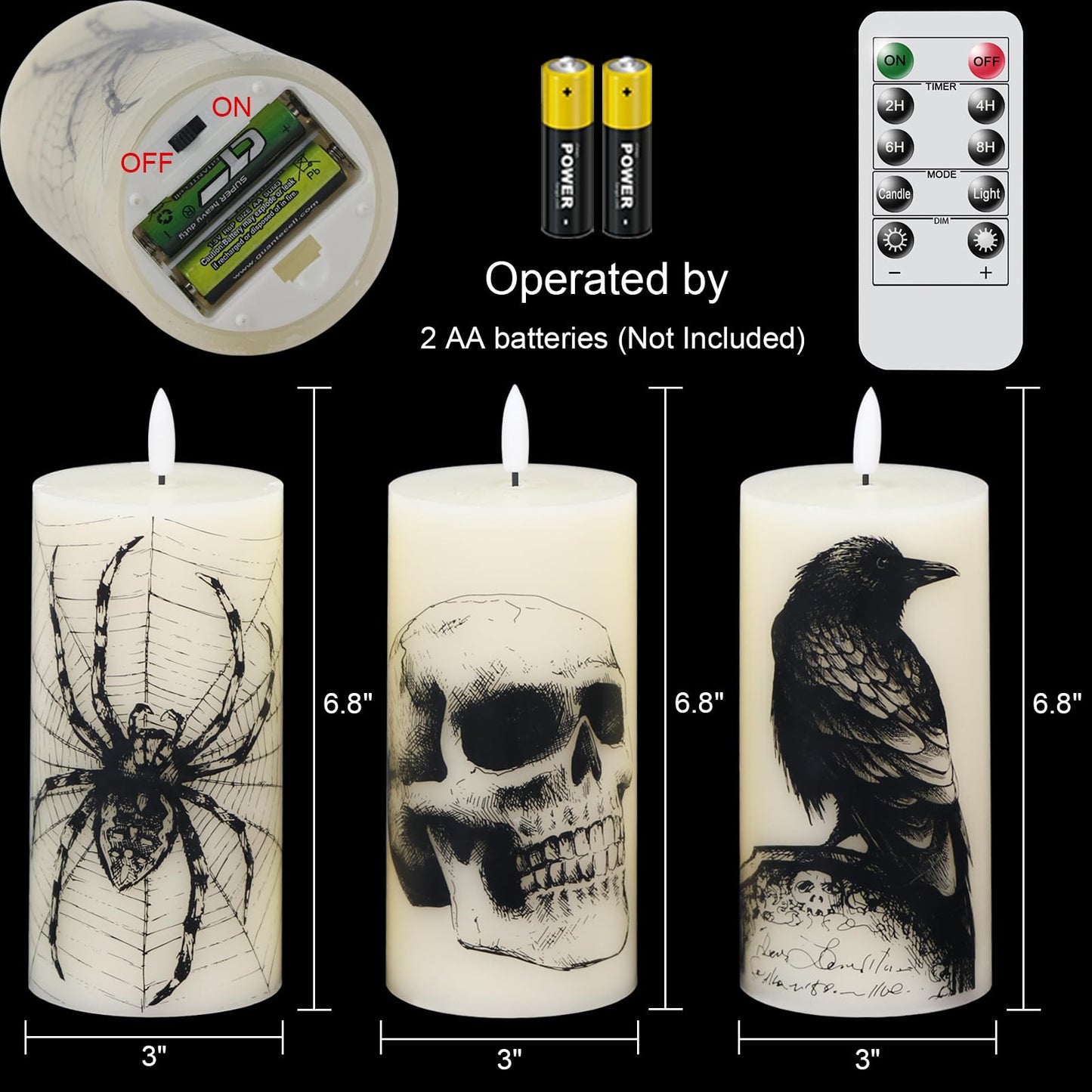 DRomance Halloween Flameless Candles Battery Operated with Remote and Timer, Real Wax 3D Wick LED Flickering Pillar Candles Skull Crow Spider Web Decals Dinner Halloween Decor(3 Pack, 3" D x 6"" H)"